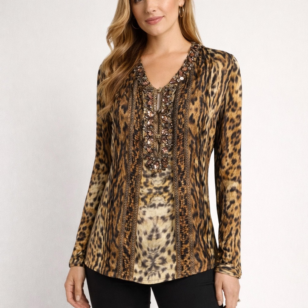 Oscar de la Renta Animal Print Silk Chiffon Blouse Jewels